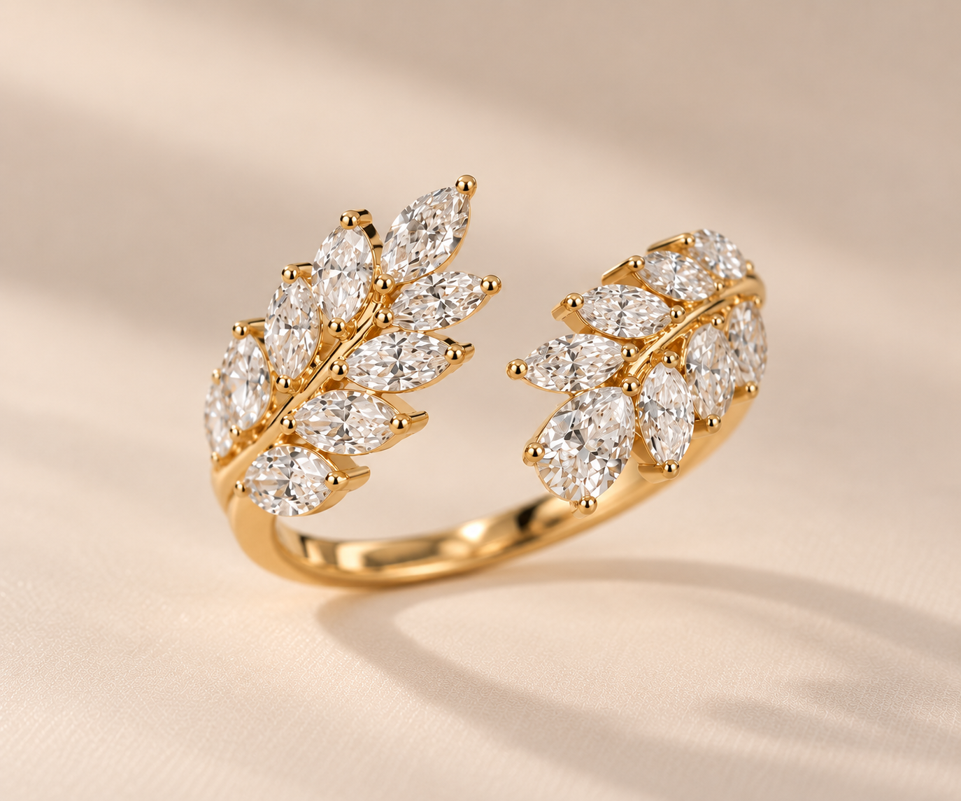 EVELYNNIE Leaf Cluster Open Ring in yellow gold, three-quarter view