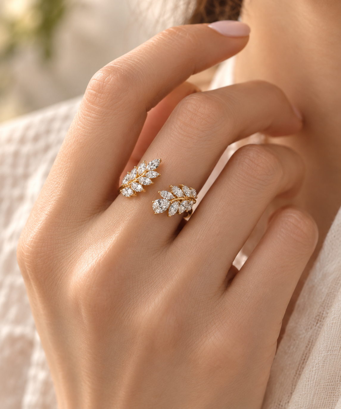 EVELYNNIE Leaf Cluster Open Ring in yellow gold worn on hand