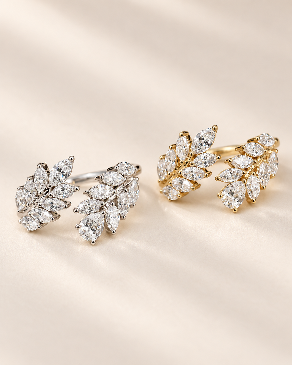 EVELYNNIE Leaf Cluster Open Ring shown in white gold and yellow gold