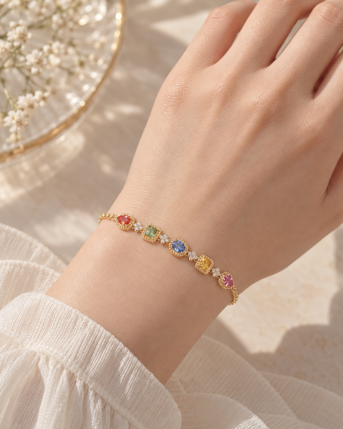 EVELYNNIE multicolor sapphire bracelet in 18K yellow gold with natural diamond accents, worn on the back of the wrist