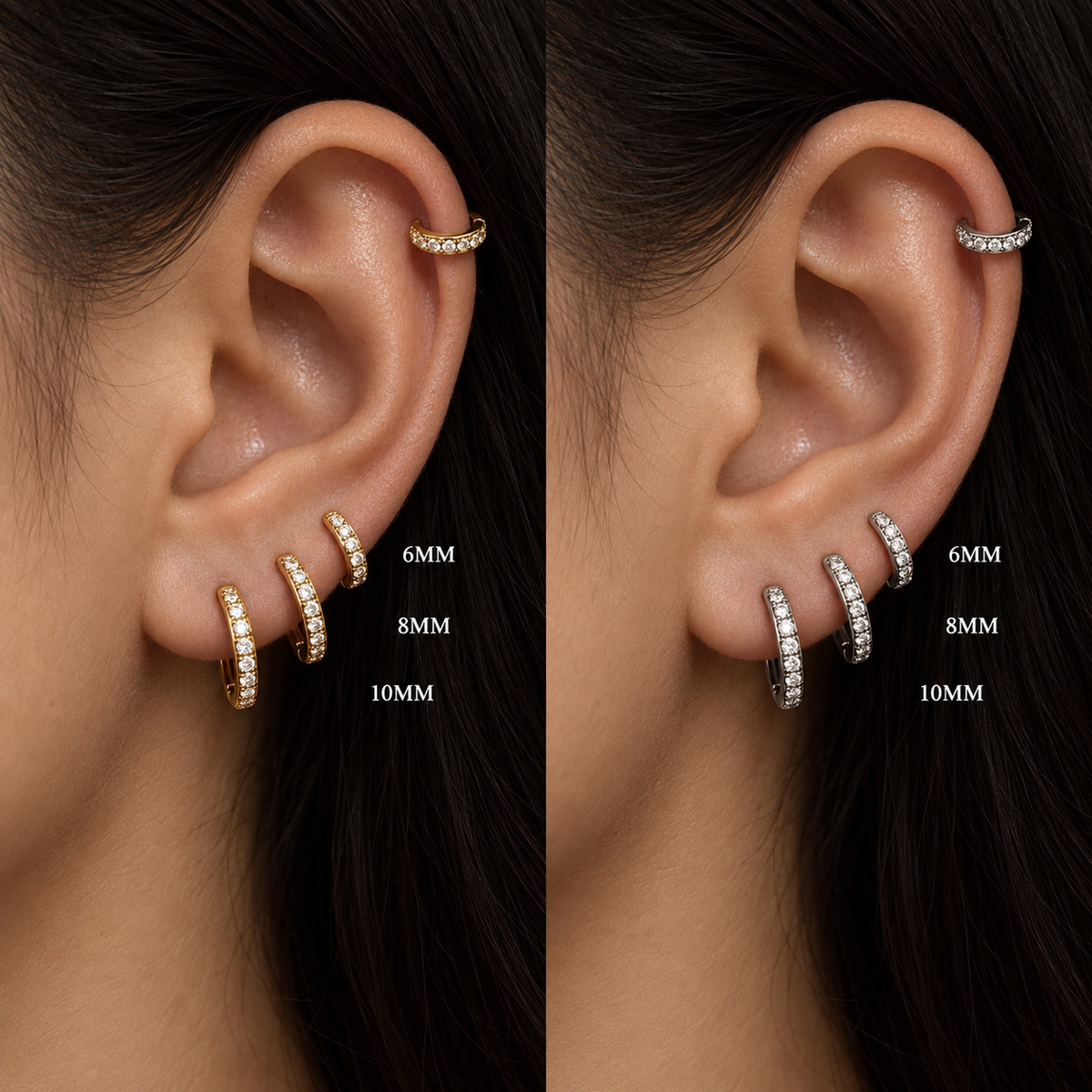 EVELYNNIE pavé huggie hoop earrings try-on comparison showing 6 mm, 8 mm, and 10 mm sizes in yellow gold and white gold