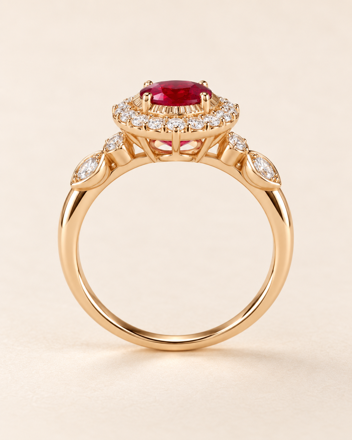 EVELYNNIE pigeon blood ruby and natural diamond halo ring in 18K yellow gold, side profile