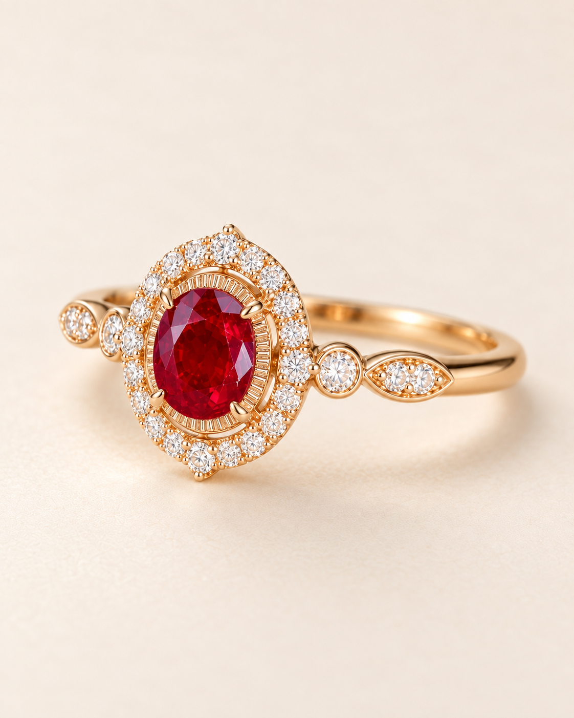 EVELYNNIE pigeon blood ruby and natural diamond halo ring in 18K yellow gold, three-quarter view