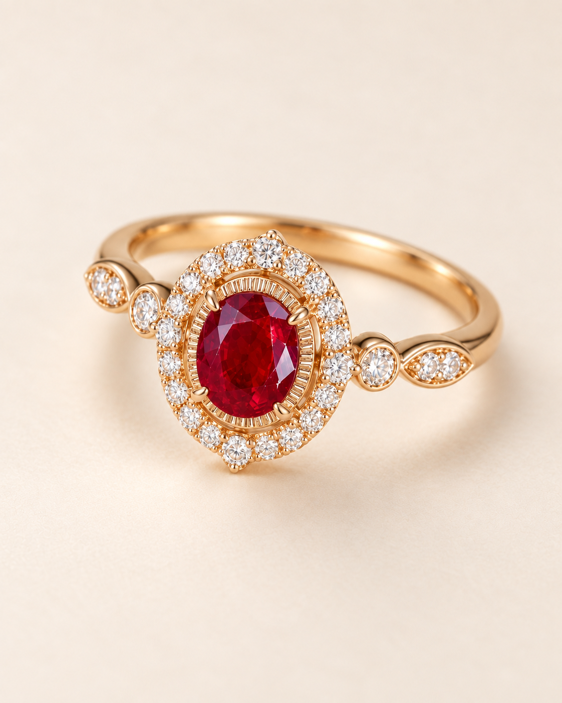 EVELYNNIE pigeon blood ruby and natural diamond halo ring in 18K yellow gold, alternate three-quarter view