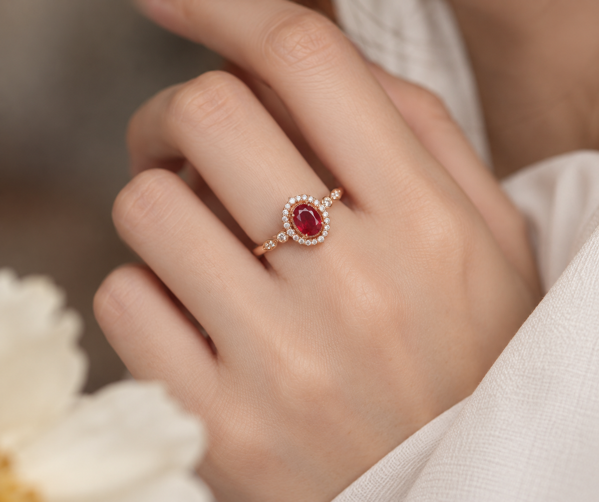EVELYNNIE pigeon blood ruby and natural diamond halo ring in 18K yellow gold worn on hand