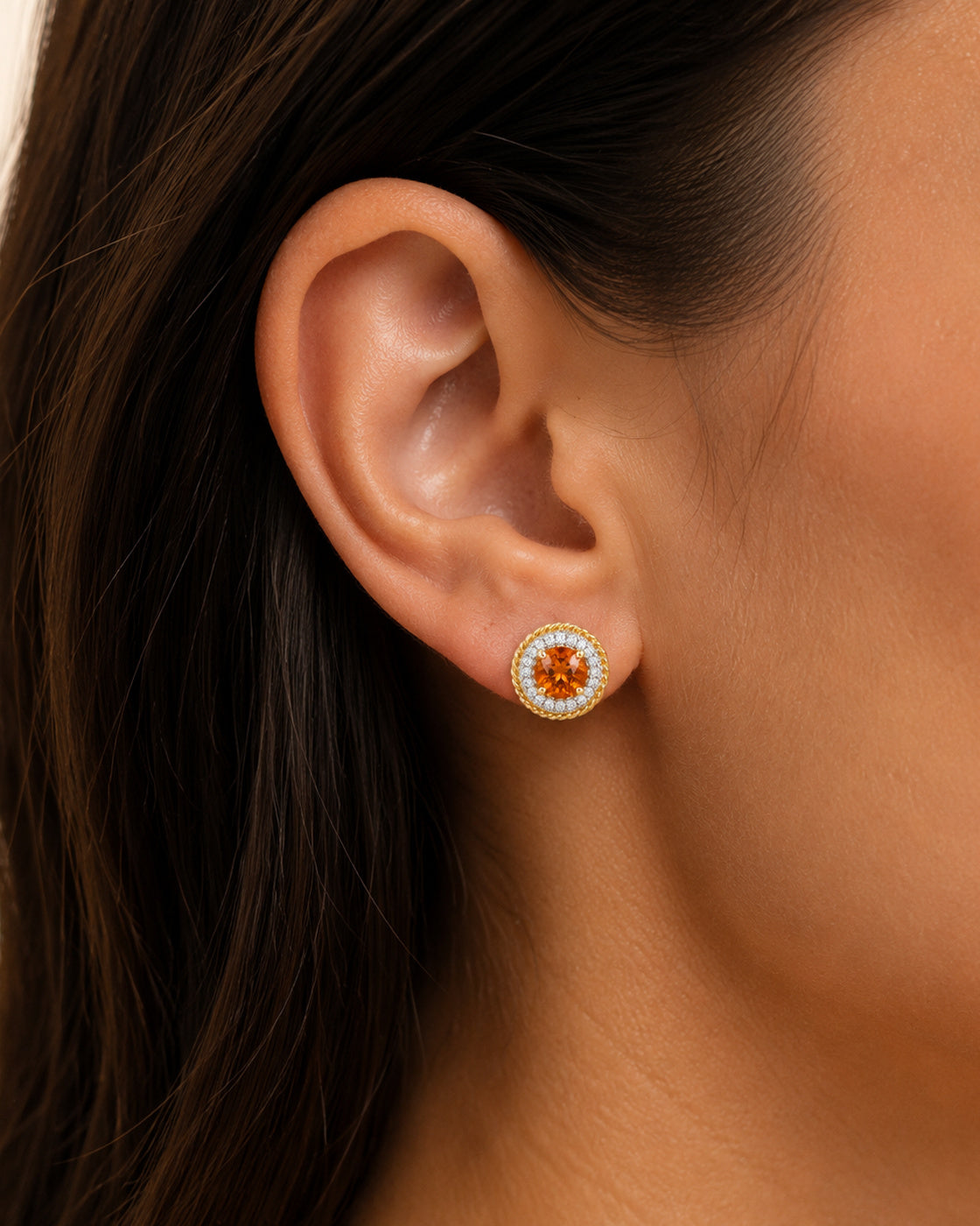 Late Light Halo Stud Earring worn on the ear at realistic scale