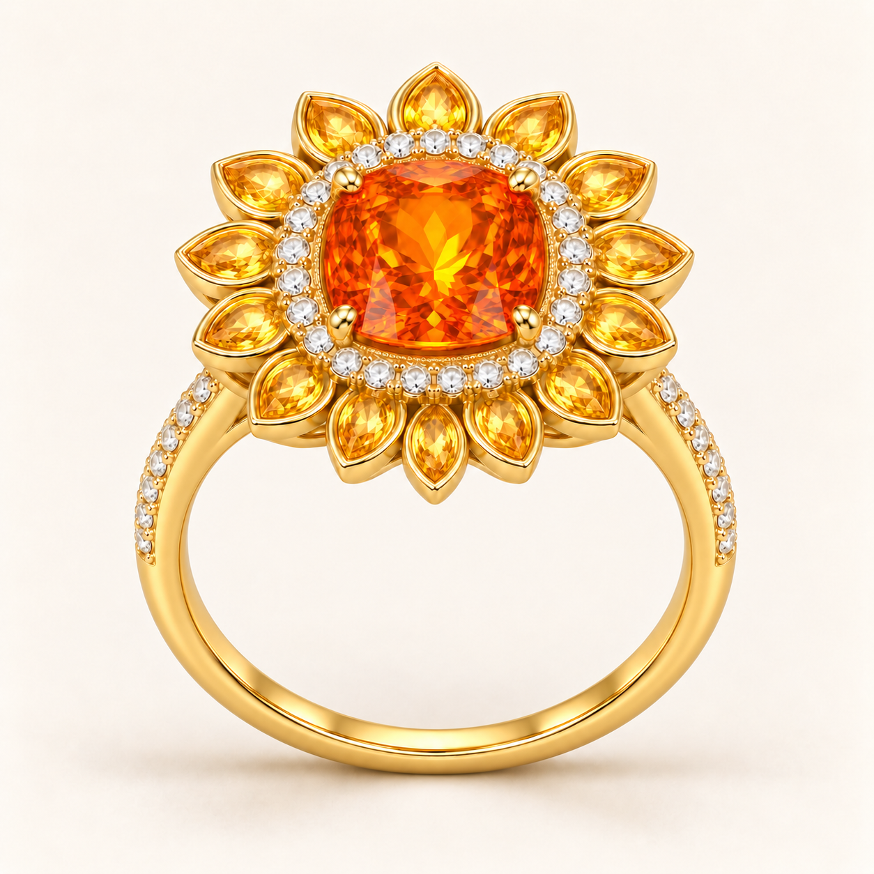 Late Light Sunburst Ring front view with Fanta orange garnet, yellow sapphires and natural diamonds in 18K yellow gold