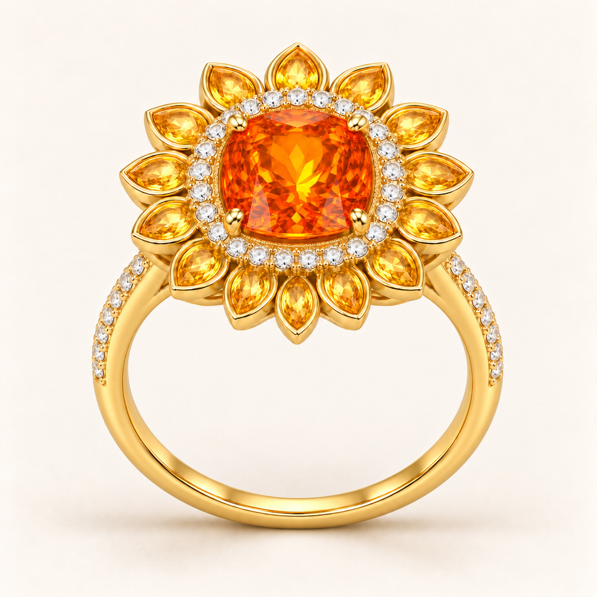 Late Light Sunburst Ring front view with Fanta orange garnet, yellow sapphires and natural diamonds in 18K yellow gold