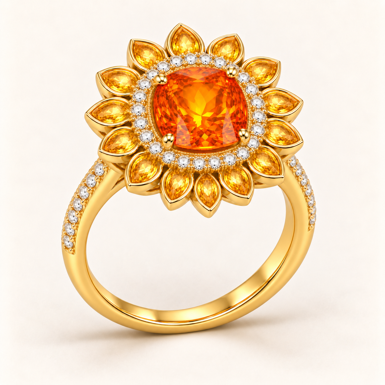 Late Light Sunburst Ring left three-quarter view with Fanta orange garnet, yellow sapphires and natural diamonds in 18K yellow gold
