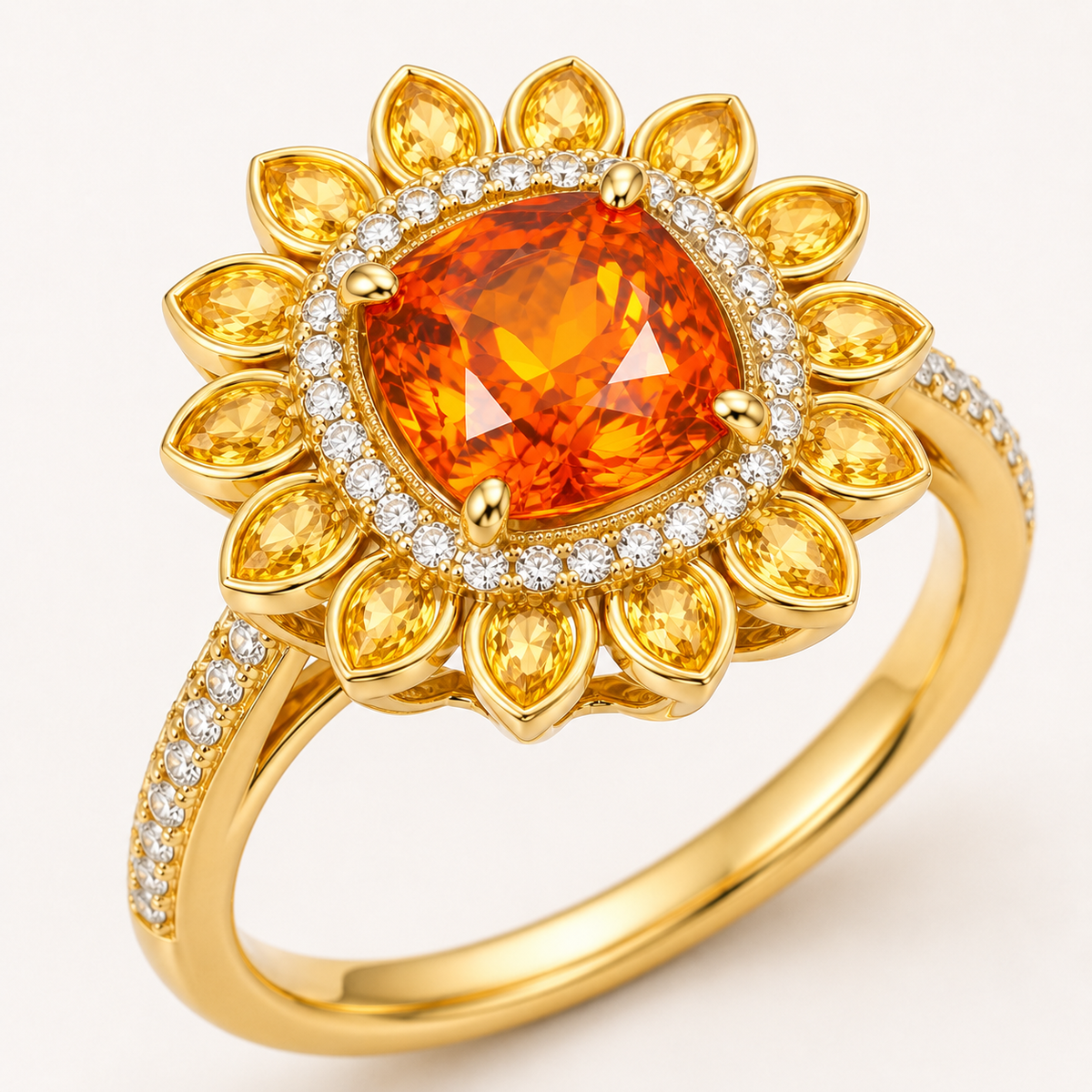 Late Light Sunburst Ring macro detail of Fanta orange garnet, natural diamond halo and yellow sapphire sunburst