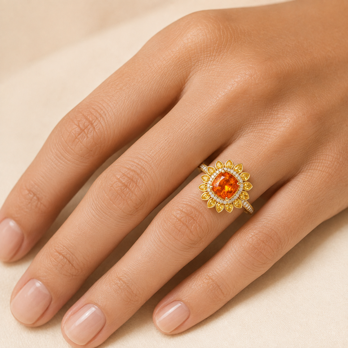 Late Light Sunburst Ring worn on the hand