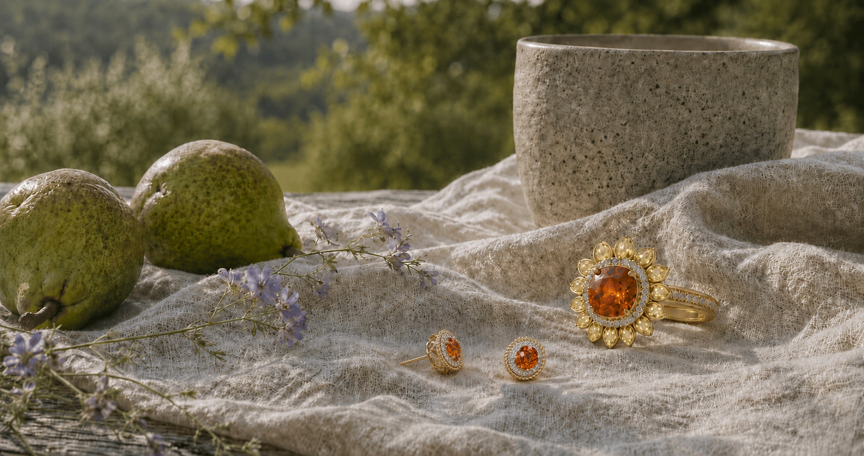 EVELYNNIE Seasonal Collection jewelry arranged naturally on a garden table